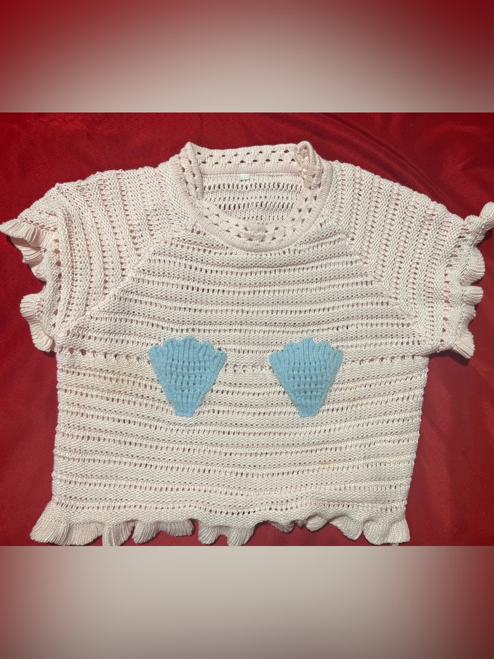SHEIN White Crochet Shell Applique Crop Top with Light Blue Accents